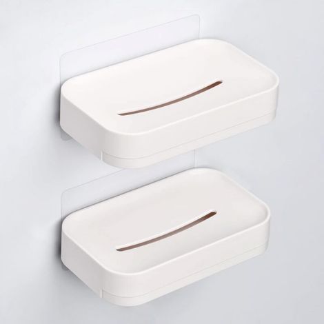 14.4×8.8× 2.8cmPorte-Savons Adhesif Salle de Bain Porte Savon Douche Plastique Plateau à Savon Mural Blanc Support de Savon de sans Perçage avec Drain (1/4)