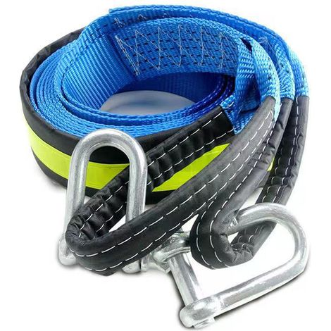 Câble de remorquage robuste en polyester de 5 mètres et 8 tonnes, avec crochet pour les situations d'urgence. Bande réfléchissante bleue incluse. Gants fournis. (1/5)