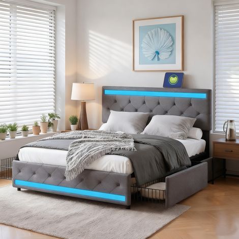 Lit double 140 x 190, lit adulte 140x190 avec 4 tiroirs, avec port USB et LED, cadre de lit, avec tete de lit, gris foncé, lin