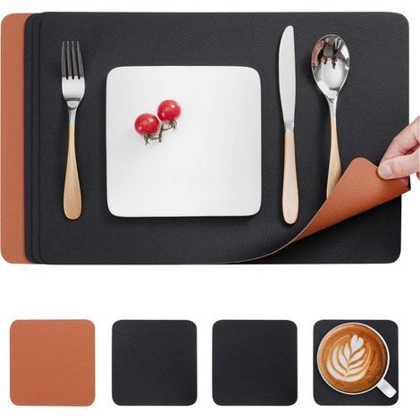 Set de Table, Sets de Table en Cuir et Dessous de Verre Antidérapant Set de Table Double Face Sets(Noir Marron, Lot de 4) (1/5)