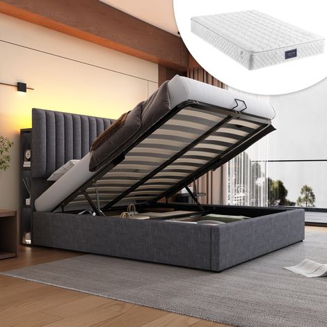 Letto imbottito moderno 160x200 cm con materasso, testiera LED USB/Type-C, vano contenitore e testiera regolabile, grigio (1/5)