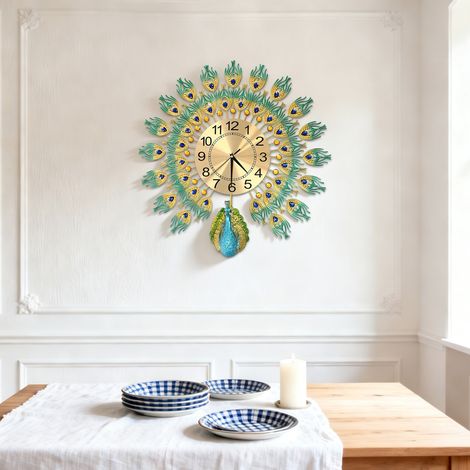 60cm Horloge murale en forme de paon, grande horloge murale moderne pour le bureau à domicile, horloge murale ronde en métal (1/5)