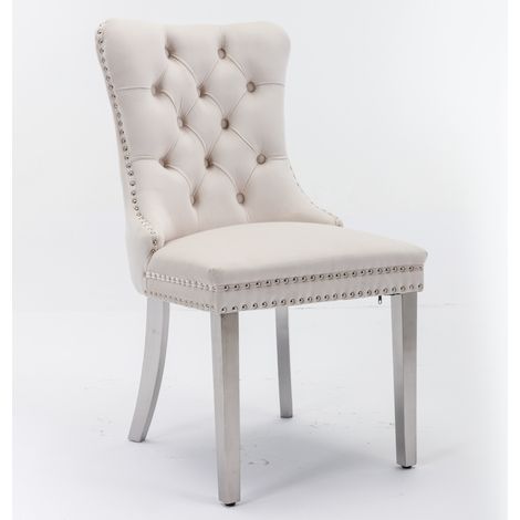 Nikki Collection Moderne, chaise de salle à manger contemporaine capitonnée en bois massif, revêtement en velours, pieds en acier inoxydable chromé, garniture à clous, lot de 2, beige et chrome, DE170 (1/5)