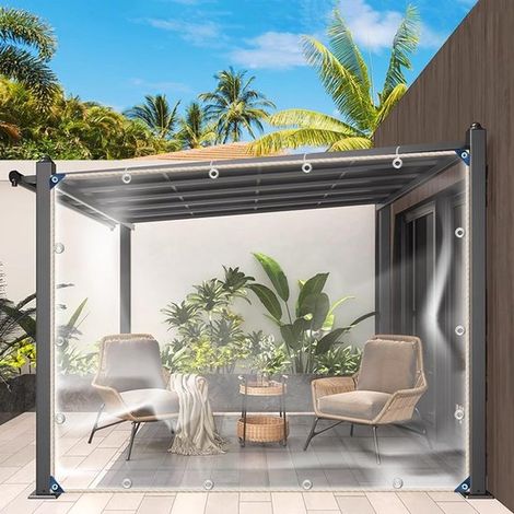 Bâche transparente 1,8 x 2 m avec œillets, PVC 0,3 mm, imperméable, protection contre la pluie. Pour tonnelles, balcons, niches pour chiens, travaux de toiture, 2024. (1/5)