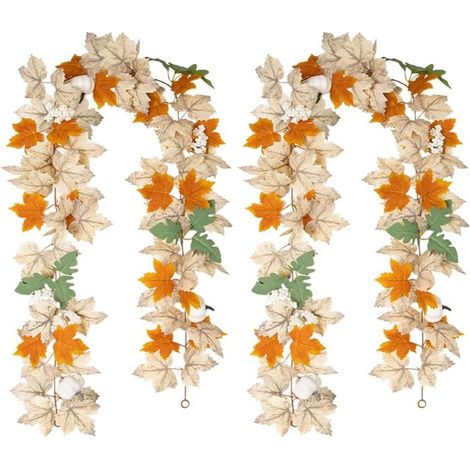 2pcs de guirlande d'automne artificielle de 175cm avec feuilles d'érable et citrouille,décoration suspendue d'automne pour (1/5)