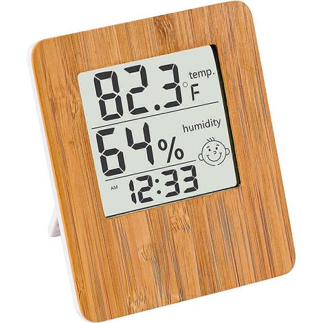 Innenhygrometer-Thermometer mit Feuchtigkeitssensor und Uhr, dekoratives digitales Bambushygrometer