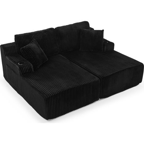 Canapé convertible 2 places en tissu velours côtelé noir avec porte-revues et porte-gobelet (1/5)
