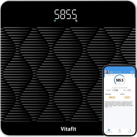 300kg Bathroom Scale, 0.05kg Accuracy, Professional Scale, Smart BMI Scale via App, 8mm Tempered Glass, Anti-Slip, 315 x 315mm, 3 AAA Batteries, Black (1/5)