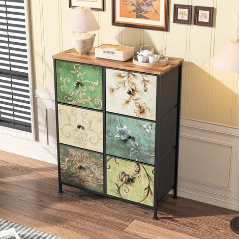 JOOKGBD-Cassettiera in Tessuto con Cassetti 67.5x30x86.5cm,Mobile da Giorno con Piano in Legno e Struttura in Acciaio,Comò,Stile Bohémien Industriale,per Soggiorno,Camera,Corridoio,Ingresso,Nero