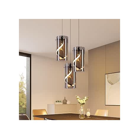 ZMH Luminaire Suspension LED 3 Rayons Lumineux 33W Classique Verre Ronde Gris Fumé 3000K Réglable en Hauteur Pour Salle à Manger Cuisine Couloir (1/5)