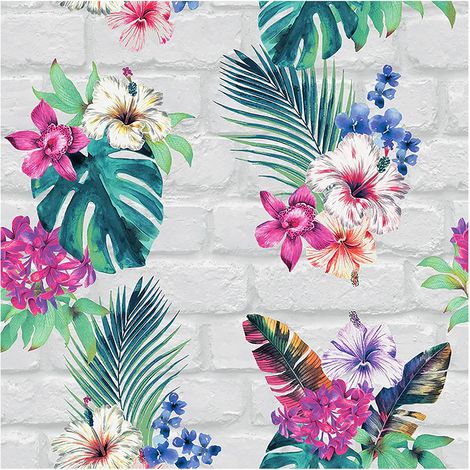 Tropical Palm Leaf Wallpaper White Brick Effect Paste The Wall Pink Green (1/4)