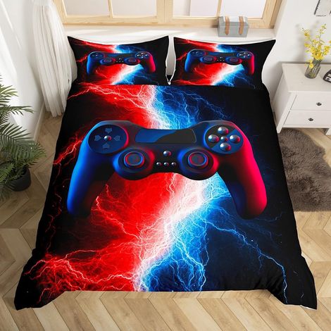 Parure de lit pour enfant - Motif : jeux vidéo - Pour garçon et homme - Housse de couette moderne - Rouge et bleu - Avec 1 taie d'oreiller - 135 x 200 cm (1/5)
