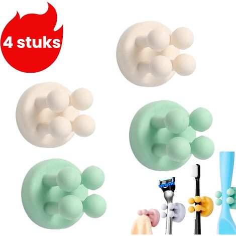 Ensemble de 4 crochets en silicone autocollants sans clous pour gestion des câbles prises électriques brosses à dents et rasoirs 2 blancs mats et 2 vert menthe (1/5)