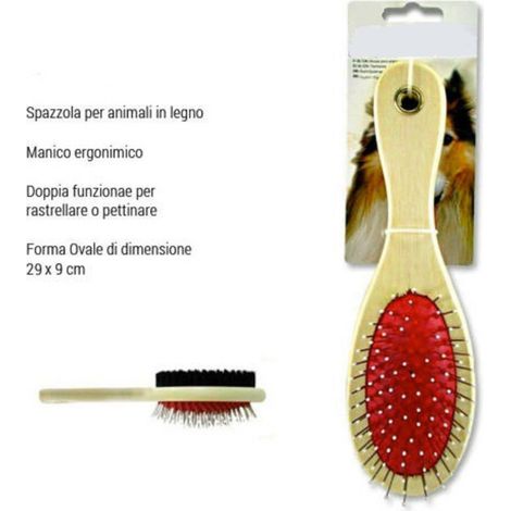 TrAdE Shop Traesio - Spazzola Doppia Per Cani Animali Gatti Rastrella Pettina 29x6 Cm Ovale In Legno -