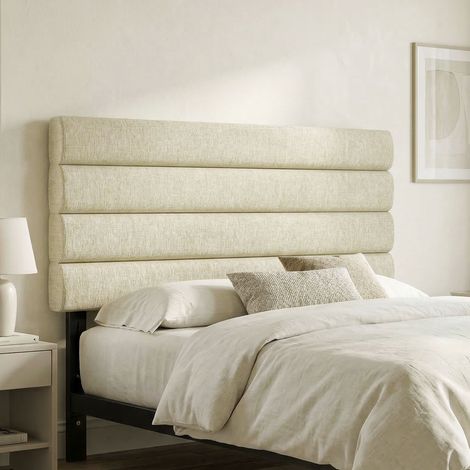 Tête de lit 140 cm, revêtue de lin, hauteur réglable sur 3 niveaux (106/116/126 cm), fixation murale, beige (1/5)
