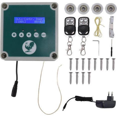– Automatischer Hühnerstalltürregler (Schutzart IP44) – Motor mit Fernbedienung – Timerprogrammierung und Lichtsensor – Für Geflügel (1/5)