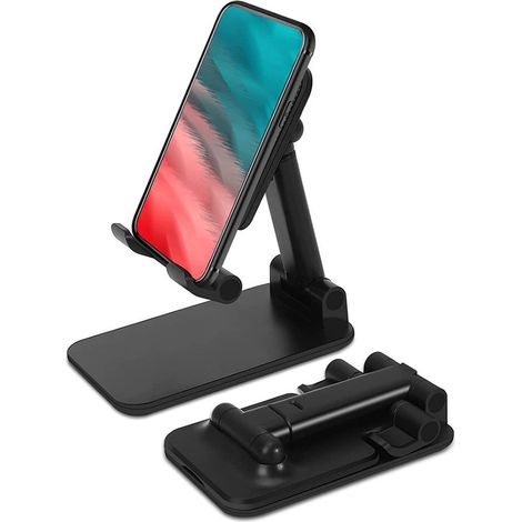 Support Téléphone Portable Bureau Réglable Pliable - Base Aluminium ABS - Compatible iPhone Galaxy Huawei Redmi - Jusqu'à 12,9 Pouces - Noir (1/5)