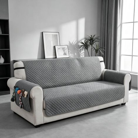 Copridivano 3 posti impermeabile antiscivolo con tasche, grigio OKMYHOME (1/5)