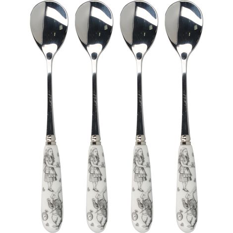 V&A Alicia en el País de las Maravillas Juego de 4 Cucharas de Té con Asas de Porcelana, Cucharas de Acero Inoxidable con Asas Decorativas y Caja de Regalo de Lujo