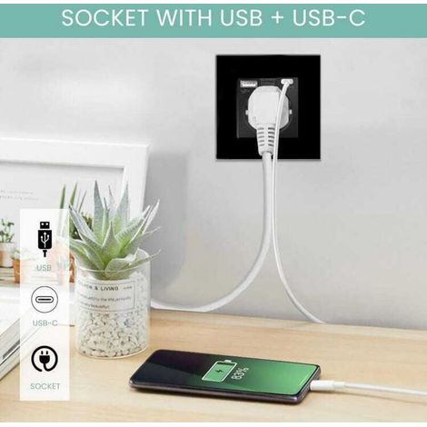 Prise murale noire avec USB et Type-C, protection surtension, charge rapide jusqu’à 3,1A