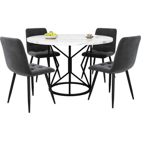 Table à manger ronde 5 pièces avec 4 chaises en velours, plateau MDF effet marbre, structure métal, 100 cm, noir  CHICFURN (1/5)