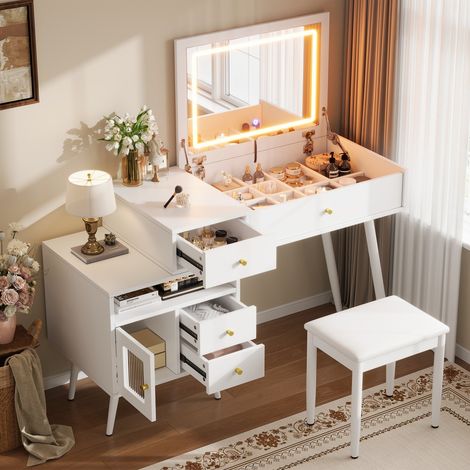 Coiffeuse multifonction miroir LED 3 couleurs plateau extensible L120 P50 H77,5cm bureau rangement poignées métal, blanc (Contient un tabouret) (1/5)