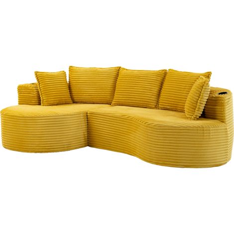 Canapé courbé en velours côtelé jaune moutarde avec porte-gobelets, poche latérale et coussin, pour salon, chambre ou bureau - CHICFURN (1/5)