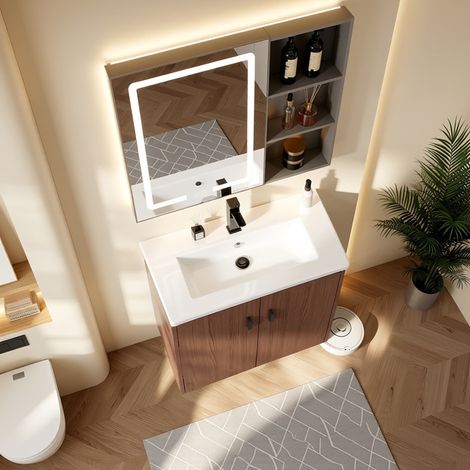 Meuble salle bain 60cm rouge brun, grand rangement 2 portes fermeture douce, meuble vasque pratique, salle d'eau design et fonctionnel (1/5)