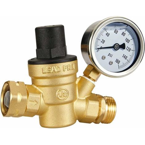 Einstellbarer Wasserdruckregler mit Manometer und Filter, bleifreies Messing, 3/4" NH-Gewinde, für Wohnmobile und Reisemobile. (1/5)