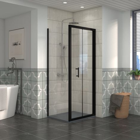 NRG Bathroom Bi- Fold Shower Door Black Framed + Side Panel, 800 x 800mm Shower Enclosures with Anthracite SMC Square Shower Tray (1/5)