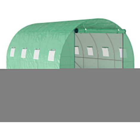 Serre tunnel avec couverture plastique et structure en acier, tente de serre accessible à pied avec portes roulantes, verte (1/5)