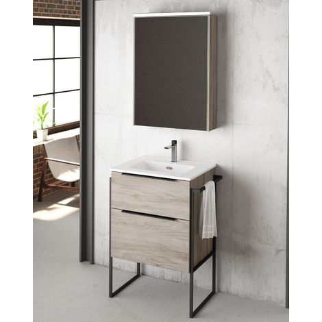 Mueble Baño al Suelo con Lavabo Cerámico  2 cajones con Cierre Amortiguado y Organizador  60 cm Pino Gris (1/5)
