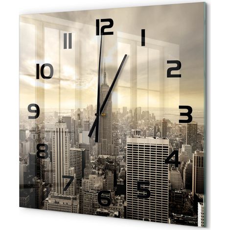 Grande Horloge Murale Carrée Décorative Verre Trempé Silencieuse Design Moderne Manhattan, New York 60x60 cm (1/5)