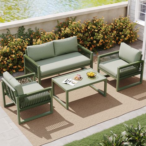 Ensemble de jardin en fer galvanisé 4 places vert avec coussins et plateau en verre (1/5)