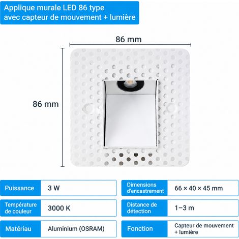 Spot LED Encastrable Escalier 3W avec capteur de mouvement modèle à contrôle crépusculaire sans boîtier d'encastrement 86 lumière blanche 30 × 30 × 23 cm 500 g – Livraison gratuite