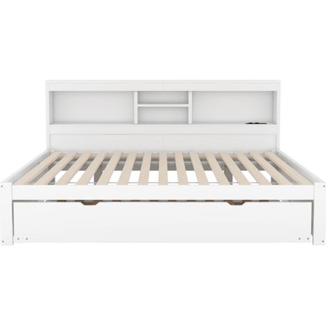 Lit gigogne 140 x 200 cm blanc avec LED, prise USB, rangement latéral, sans matelas (1/5)