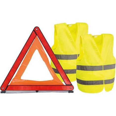 Kit de sécurité automobile CARLINEA - Triangle pliant homologué E20 + 2 gilets haute visibilité XL