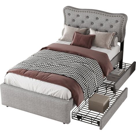 Lit capitonné 90x200 gris avec 2 tiroirs, boutons décoratifs et hauteur de tête de lit réglable, pour matelas 15 à 25 cm CHICFURN (1/5)