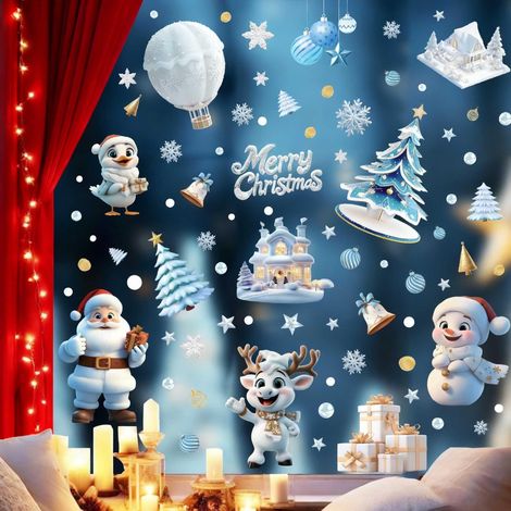 9 Pièces Stickers Noel Fenetre Deco, Autocollant Noel Fenetre Decoration Vitrine PVC Réutilisable, Sticker Vitre Décoration Porte Fenêtre Electrostatique Noël Pere Renne Bonhomme de Neige Blanc (1/5)