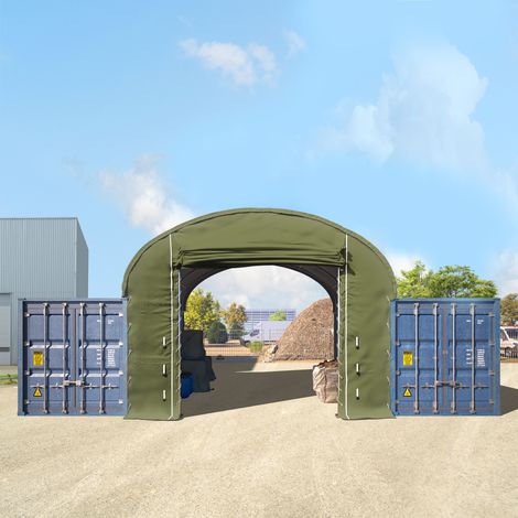 Frontwand für Container Überdachung 6m Breite mit Easy-up-Eingang, PRIMEtex 2300 PVC Plane, dunkelgrün