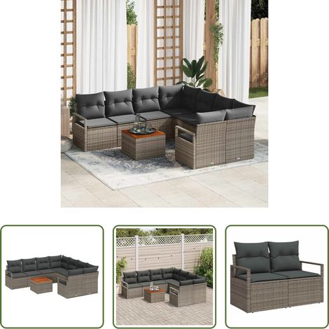 Gartentisch -  Gartensofa-set mit Kissen 9 pcs Grau Poly-Rattan (1/5)