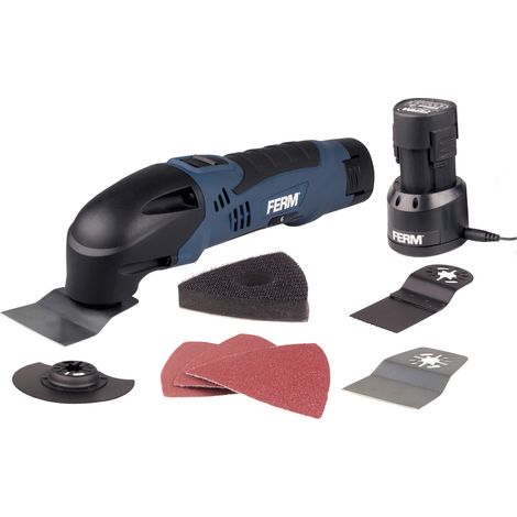 FERM Utensile Multifunzione a Batteria ioni di Litio 12V - 1.5Ah. Include 8 Accessori e Custodia. Velocità variabile