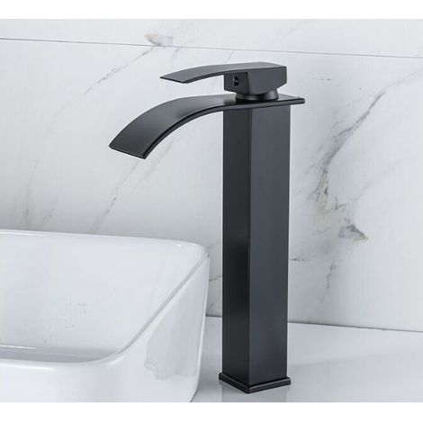 Robinet cascade en laque Lavabo à poser chaud et froid Toilettes Armoires de salle de bain Robinet monotrou Robinet de lavabo cascade, Mitigeur cascade noir, Robinet de salle de bain monotrou en laito (1/3)