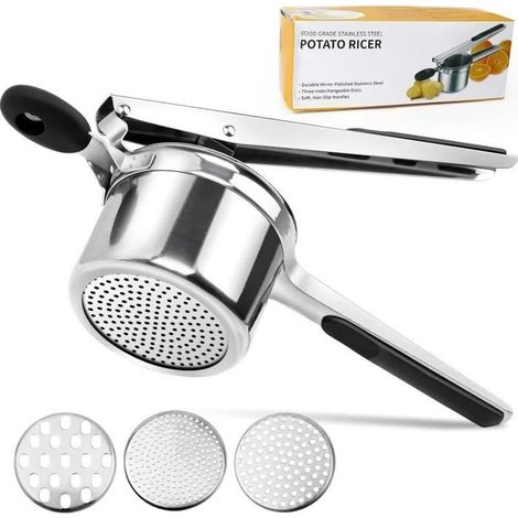 Presse-purée, Purée Polyvalent Manuelle Acier Inoxydable avec 3 Disques Interchangeables, Presse-purée à Pommes de Terre (1/4)