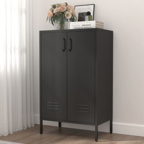 Armoire de rangement en acier noir à 2 portes et 2 étagères réglables – Meuble multifonction pour salon, cuisine, chambre, rangement d'outils au garage et classement de dossiers au bureau