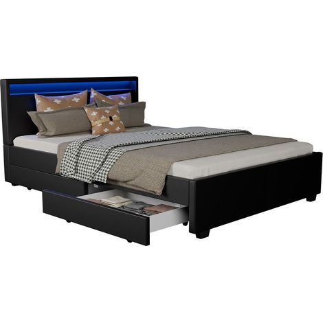 Letto imbottito Lyon Nero 140 x 200 cm Giroletto con cassettiera, illuminazione LED e rete a doghe (1/3)