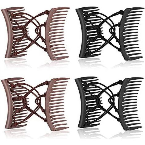 Set di 4 fermagli per capelli con doppio pettine elastico regolabile e design anti-piega, ideale per capelli da donna, code di cavallo ricce, spesse e ondulate (nero, marrone) (1/5)