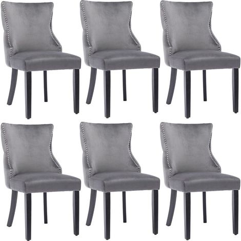 Lot de 6 chaises salle à manger gris velours capitonnées, pieds en bois massif - 50×52×91 cm (1/4)