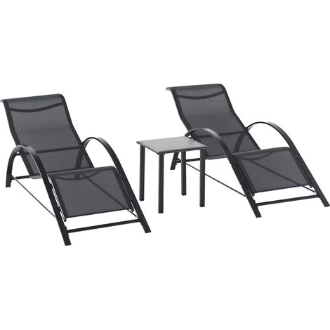 Set aus 2 modernen Sonnenliegen, niedrigem Tisch mit gehärteter Glasplatte, Epoxidharz-Metall, schwarzem Textilene
