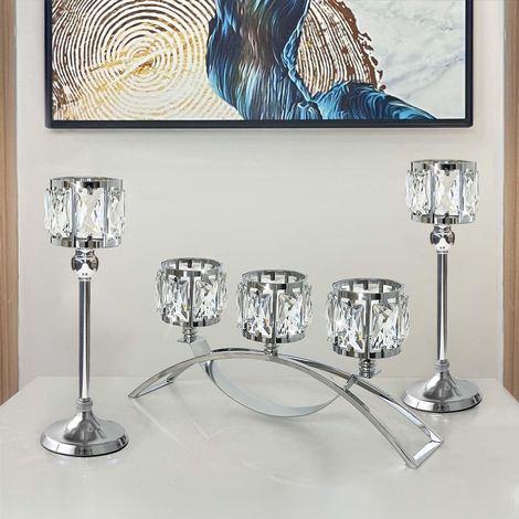 Chandelier à 3 Bras avec coupelles en Cristal pour Bougies Chauffe-Plat, Centre de Table de Mariage, bougeoir en Cristal, décorations de Table centrales (Lot Argent) (1/5)